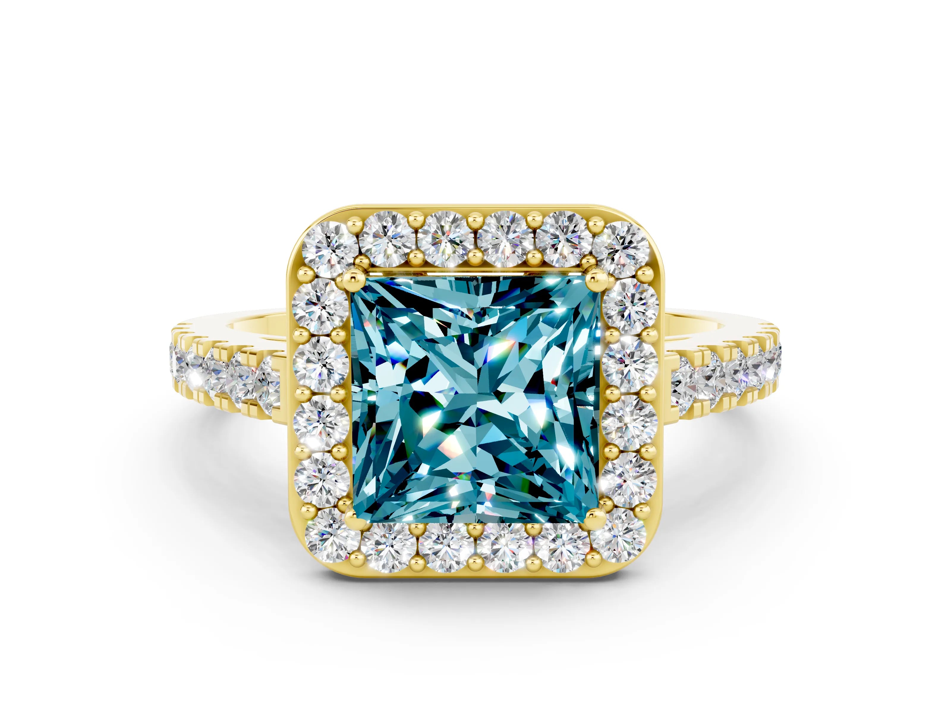 Yellow gold Princess Cut Halo Diamond Ring with Pavé Band and Three-Prong Setting