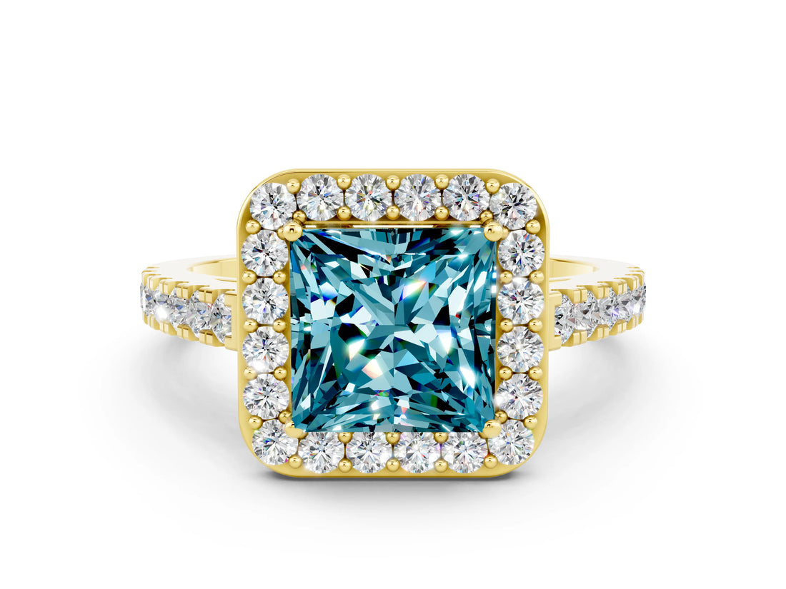 Yellow gold Princess Cut Halo Diamond Ring with Pavé Band and Three-Prong Setting