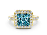 Yellow gold Princess Cut Halo Diamond Ring with Pavé Band and Three-Prong Setting