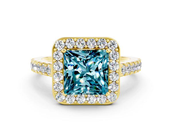 Yellow gold Princess Cut Halo Diamond Ring with Pavé Band and Three-Prong Setting