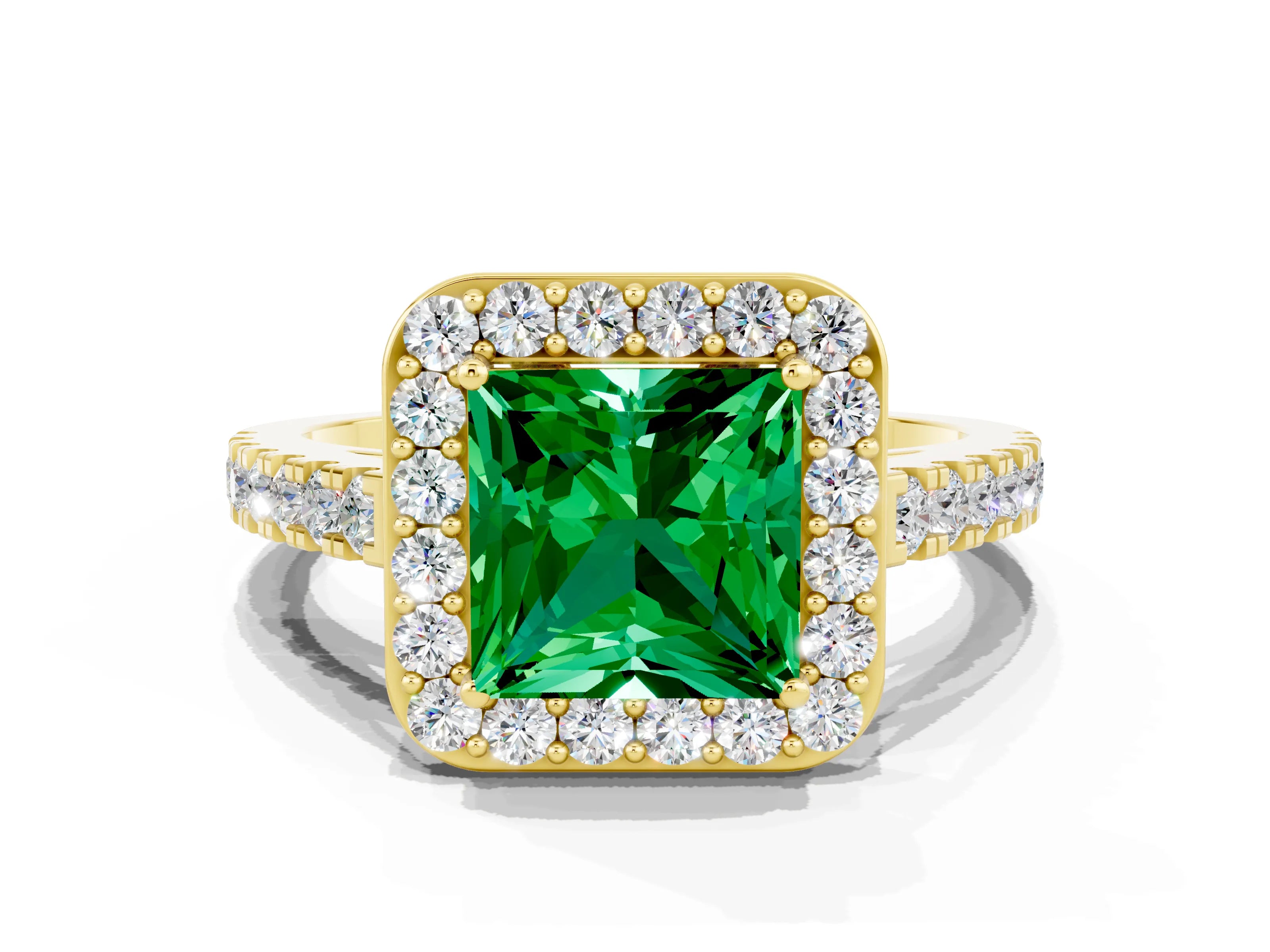 Yellow gold Princess Cut Halo Diamond Ring with Pavé Band and Three-Prong Setting