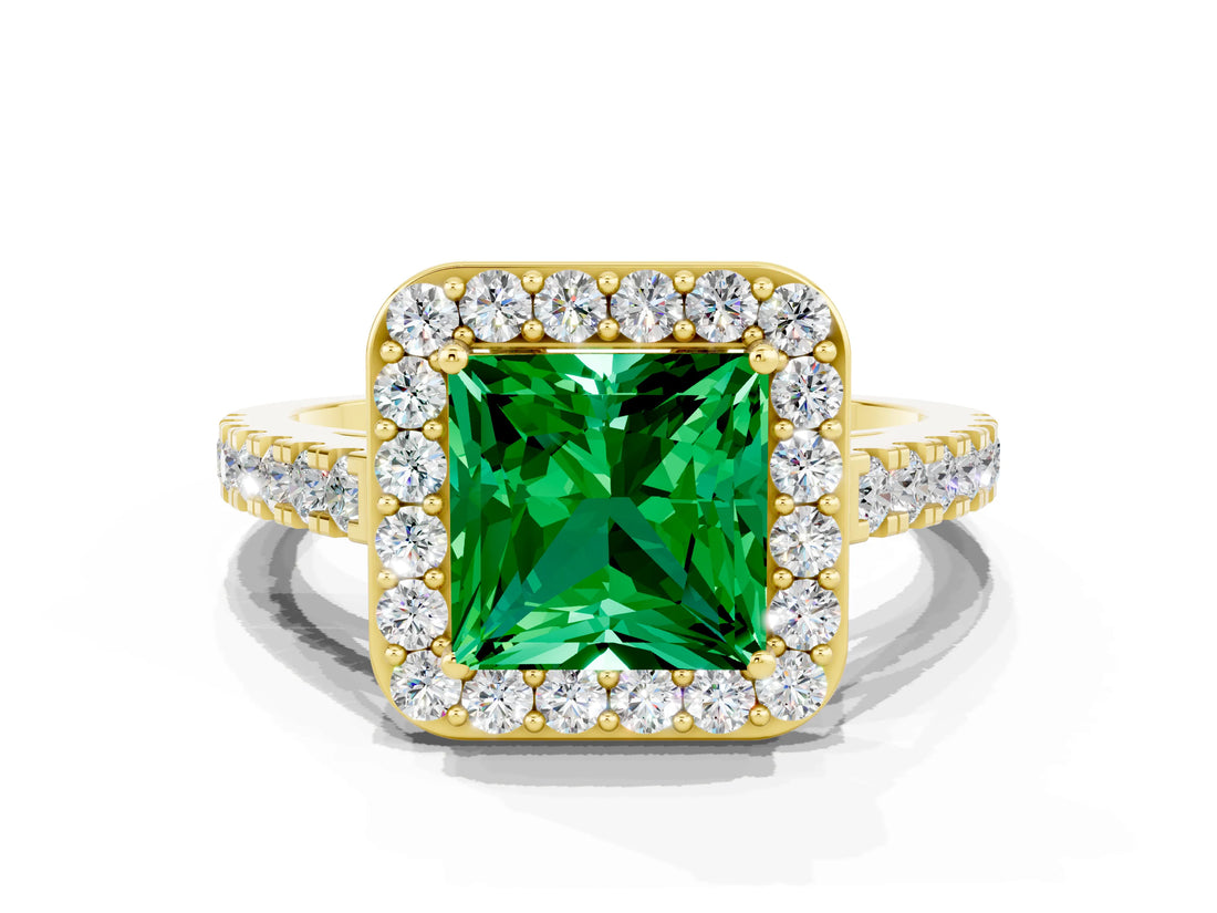 Yellow gold Princess Cut Halo Diamond Ring with Pavé Band and Three-Prong Setting