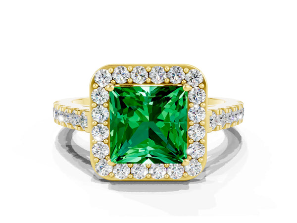 Yellow gold Princess Cut Emerald Halo Ring with Round Pavé Split Shank and Prong Setting