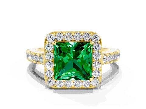 Yellow gold Princess Cut Halo Diamond Ring with Pavé Band and Three-Prong Setting