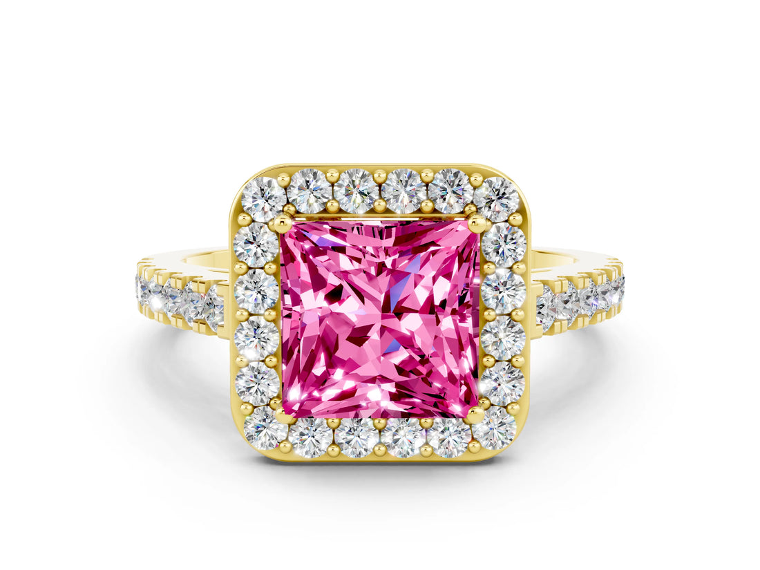 Yellow gold Princess Cut Halo Diamond Ring with Pavé Band and Three-Prong Setting