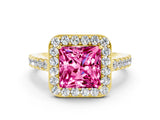 Yellow gold Princess Cut Halo Diamond Ring with Pavé Band and Three-Prong Setting