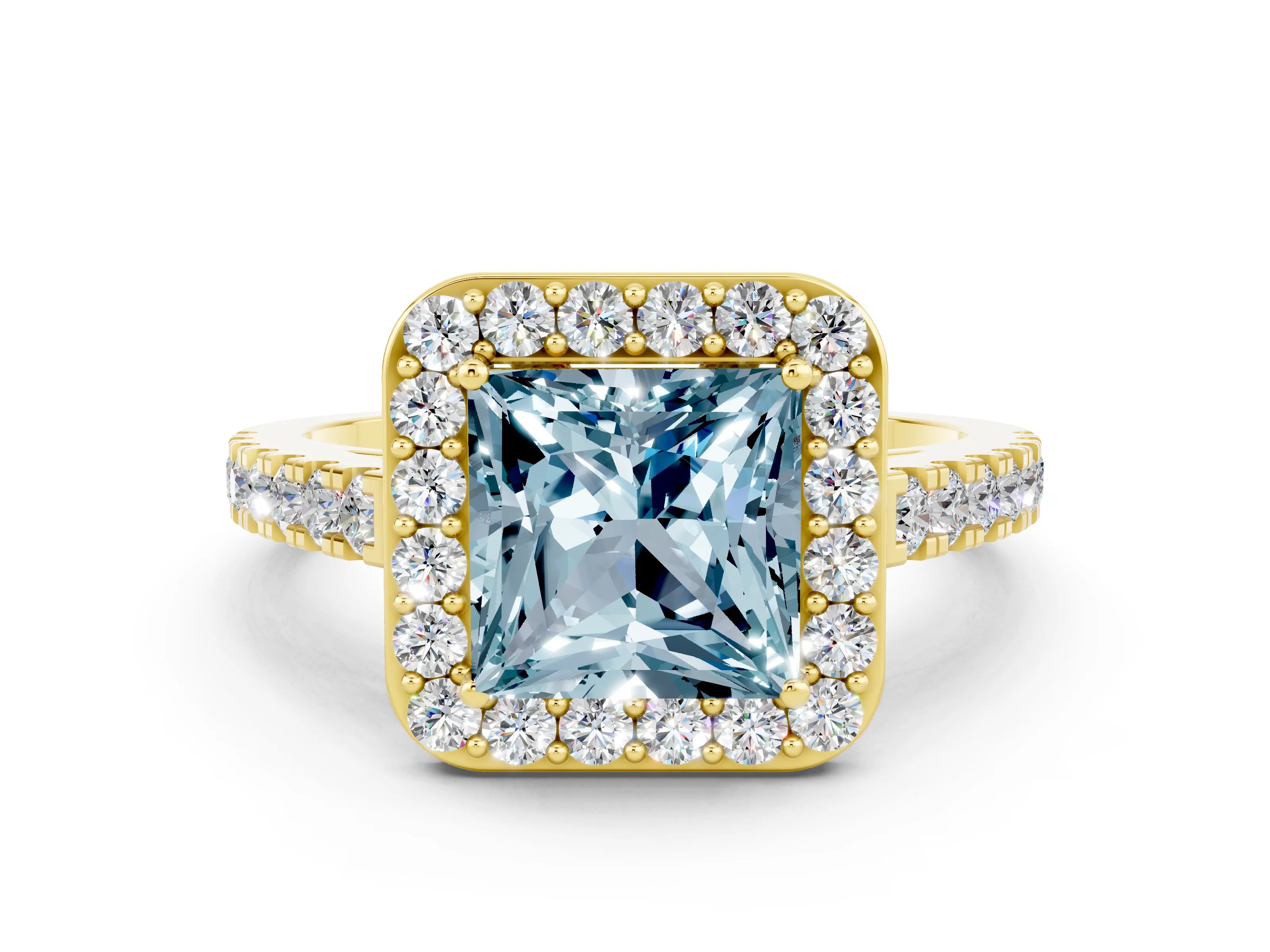 Yellow gold Princess Cut Halo Diamond Ring with Pavé Band and Three-Prong Setting