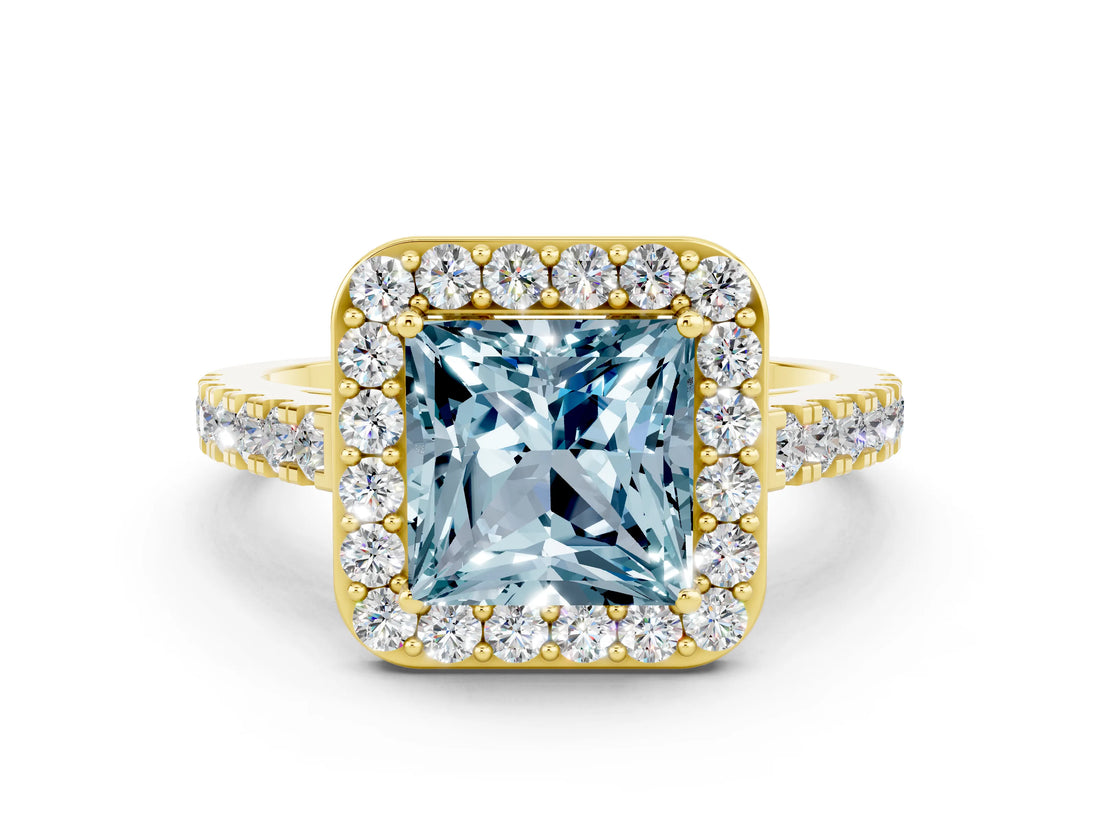 Yellow gold Princess Cut Halo Diamond Ring with Pavé Band and Three-Prong Setting