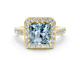 Yellow gold Princess Cut Halo Diamond Ring with Pavé Band and Three-Prong Setting