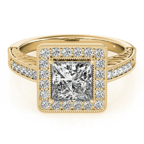 Yellow gold Princess Cut Halo Diamond Ring with Pave Band and Four-Prong Setting 1