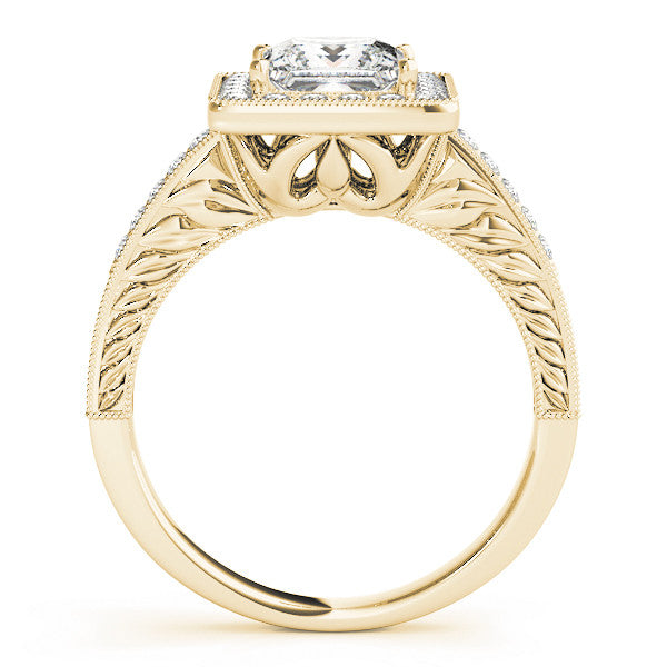 Yellow gold Princess Cut Halo Diamond Ring with Pave Band and Four-Prong Setting 2