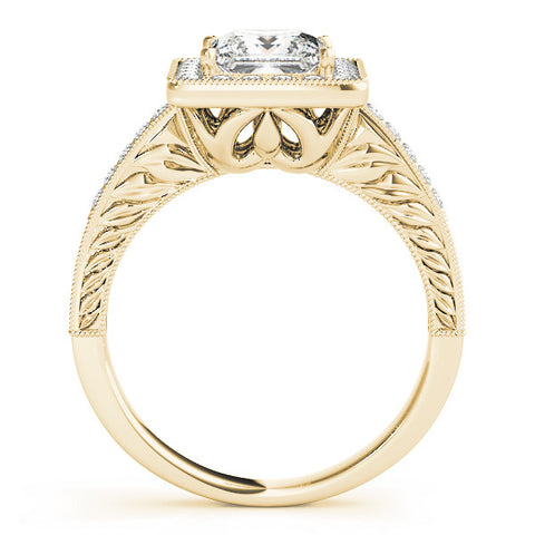 Yellow gold Princess Cut Halo Diamond Ring with Pave Band and Four-Prong Setting 2