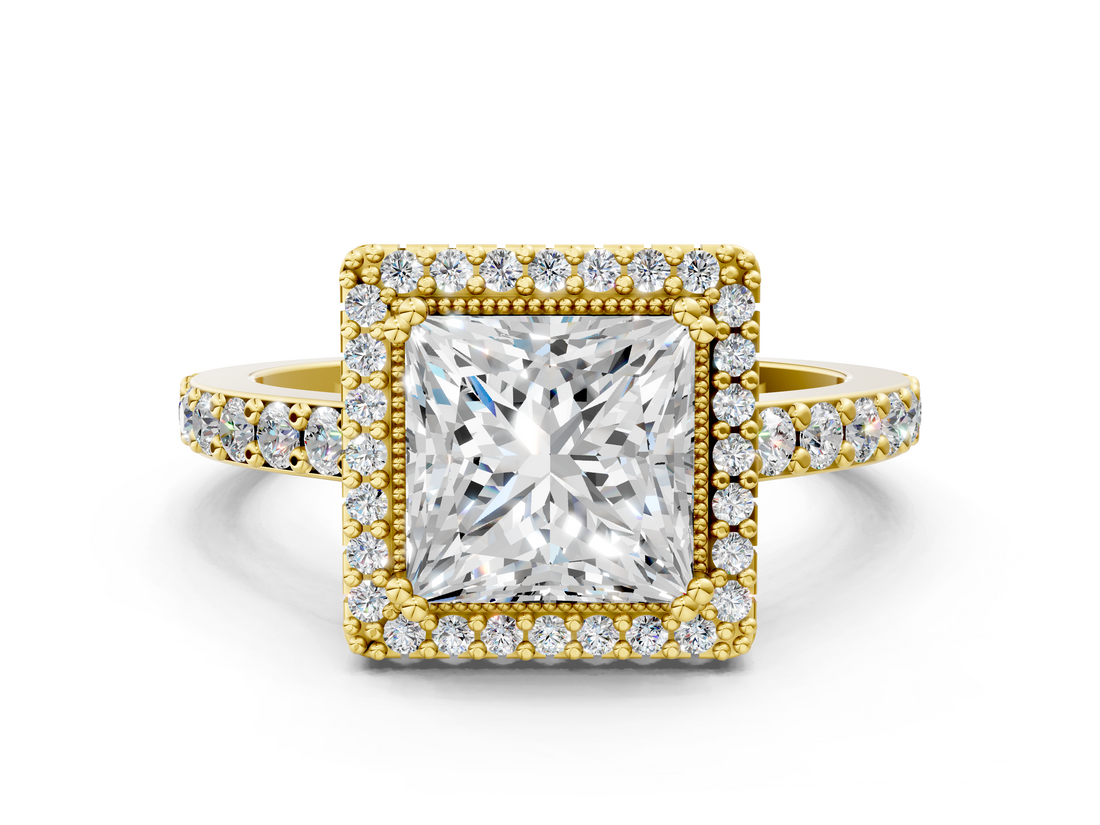 Yellow gold Princess Cut Halo Diamond Ring with Pave Band and Four-Prong Setting_24