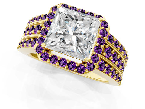 Yellow gold Princess Cut Halo Diamond Ring with Round with Amethyst side stone Split Shank and Prong Setting_1