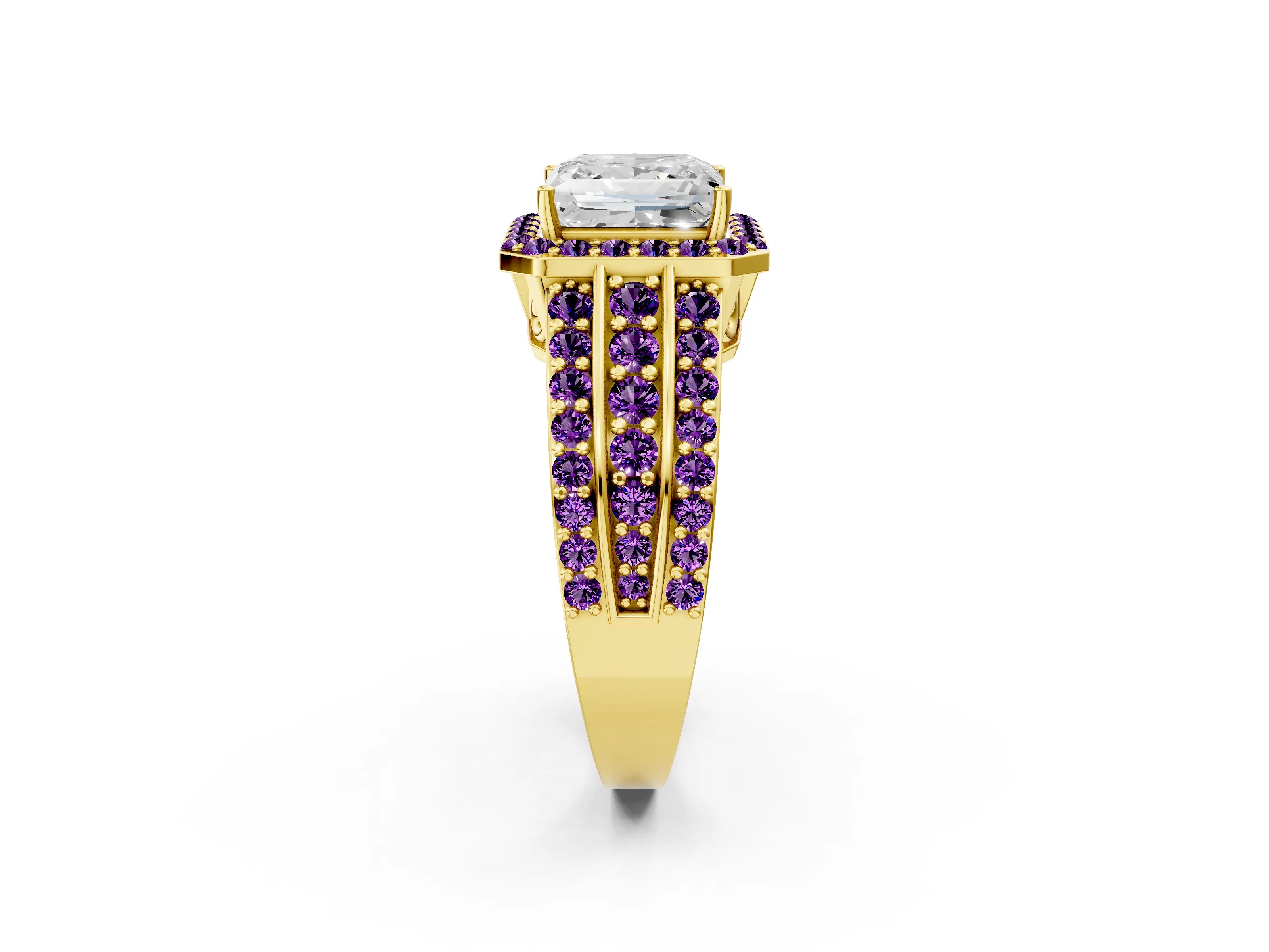 Yellow gold Princess Cut Halo Diamond Ring with Round with Amethyst side stone Split Shank and Prong Setting_2