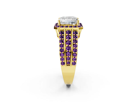 Yellow gold Princess Cut Halo Diamond Ring with Round with Amethyst side stone Split Shank and Prong Setting_2