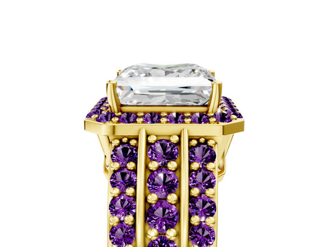 Yellow gold Princess Cut Halo Diamond Ring with Round with Amethyst side stone Split Shank and Prong Setting_5