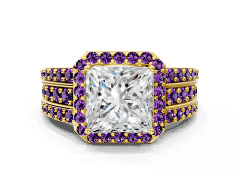 Yellow gold Princess Cut Halo Diamond Ring with Round with Amethyst side stone Split Shank and Prong Setting