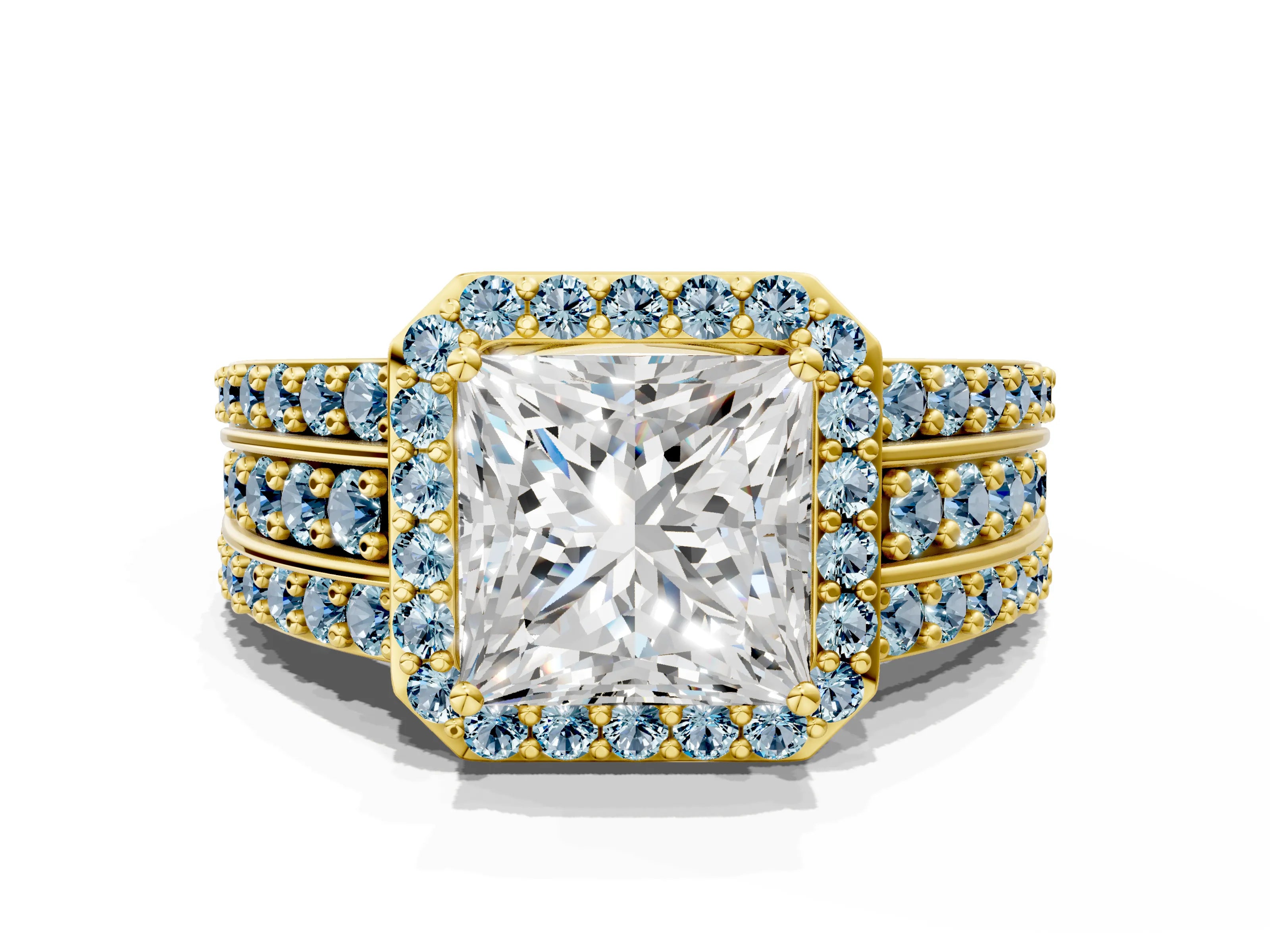 Yellow gold Princess Cut Halo Diamond Ring with Round with Aquamarine side stone Split Shank and Prong Setting