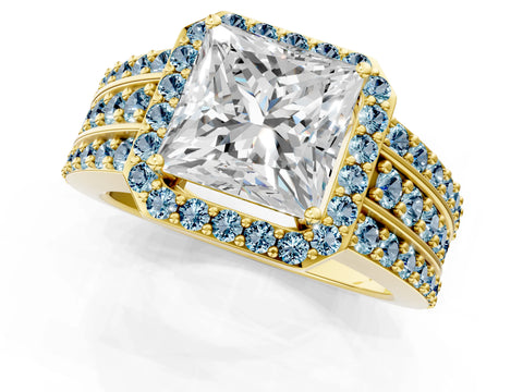 Yellow gold Princess Cut Halo Diamond Ring with Round with Aquamarine side stone Split Shank and Prong Setting_1