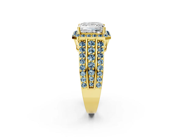 Yellow Gold Princess Cut Halo Engagement Ring Setting with Aquamarine Three Row Pave Band