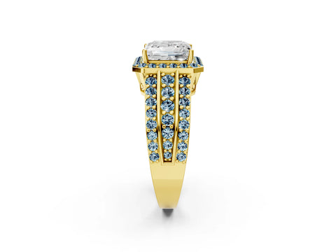 Yellow gold Princess Cut Halo Diamond Ring with Round with Aquamarine side stone Split Shank and Prong Setting_2