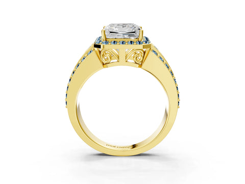 Yellow gold Princess Cut Halo Diamond Ring with Round with Aquamarine side stone Split Shank and Prong Setting_3