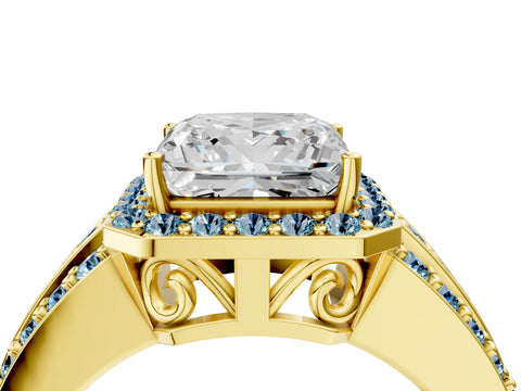 Yellow gold Princess Cut Halo Diamond Ring with Round with Aquamarine side stone Split Shank and Prong Setting_4