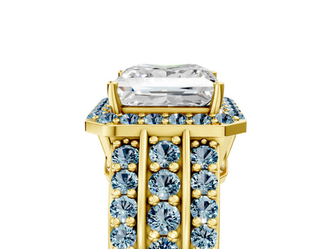 Yellow gold Princess Cut Halo Diamond Ring with Round with Aquamarine side stone Split Shank and Prong Setting_5