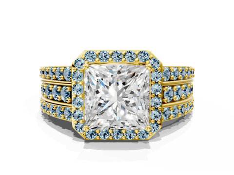Yellow gold Princess Cut Halo Diamond Ring with Round with Aquamarine side stone Split Shank and Prong Setting
