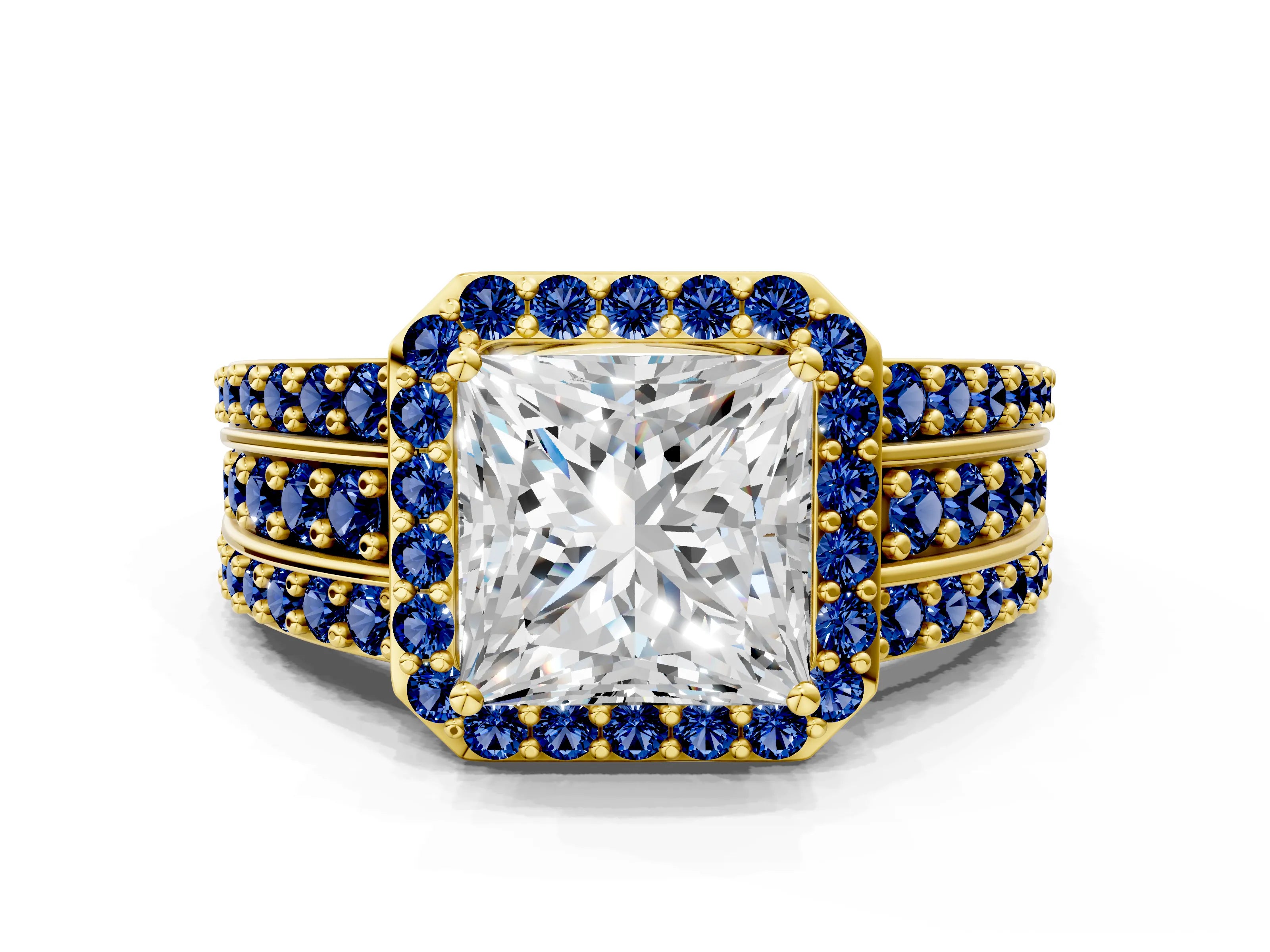 Yellow gold Princess Cut Halo Diamond Ring with Round with Blue Sapphire side stone Split Shank and Prong Setting