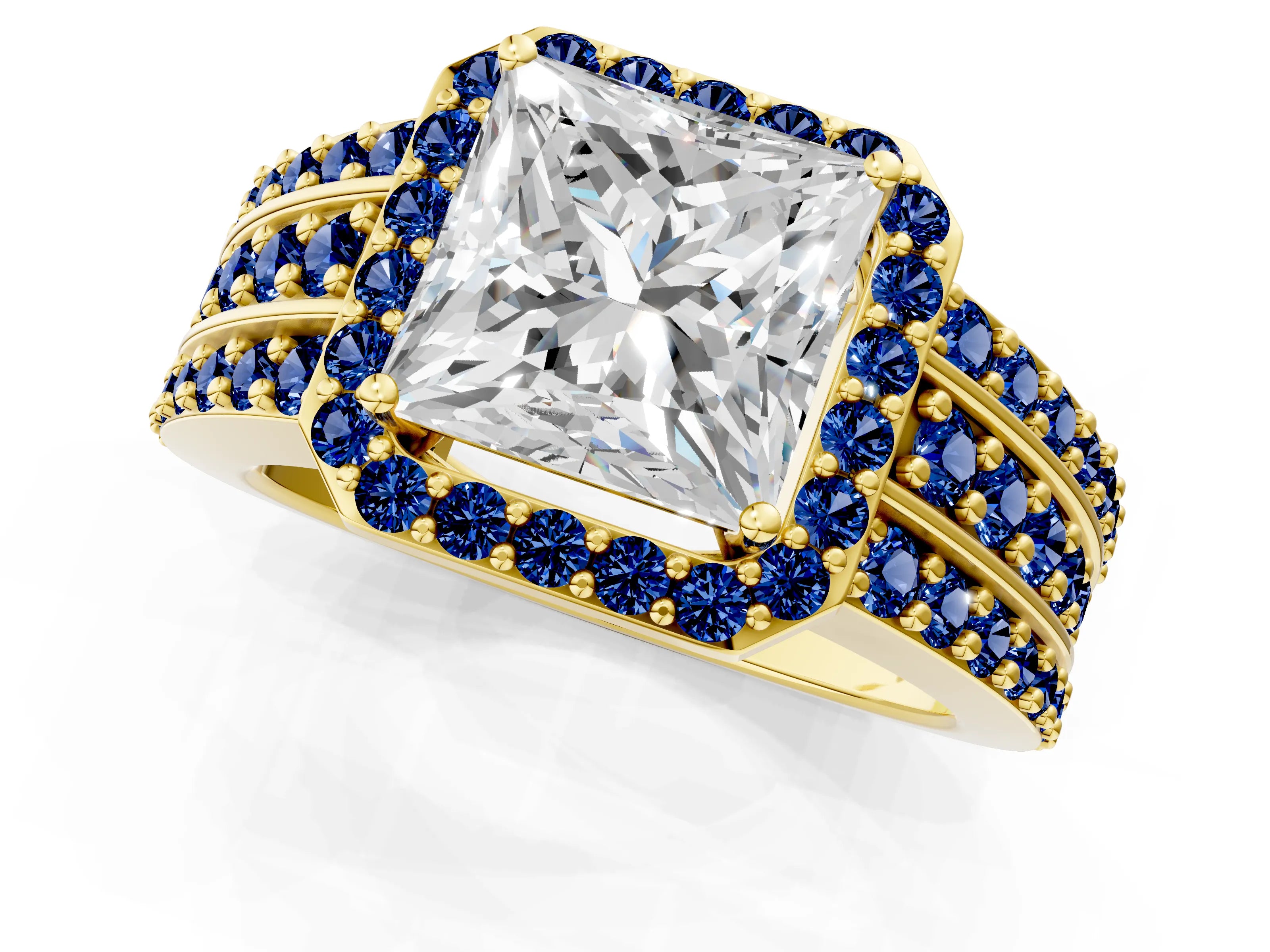 Yellow gold Princess Cut Halo Diamond Ring with Round with Blue Sapphire side stone Split Shank and Prong Setting_1