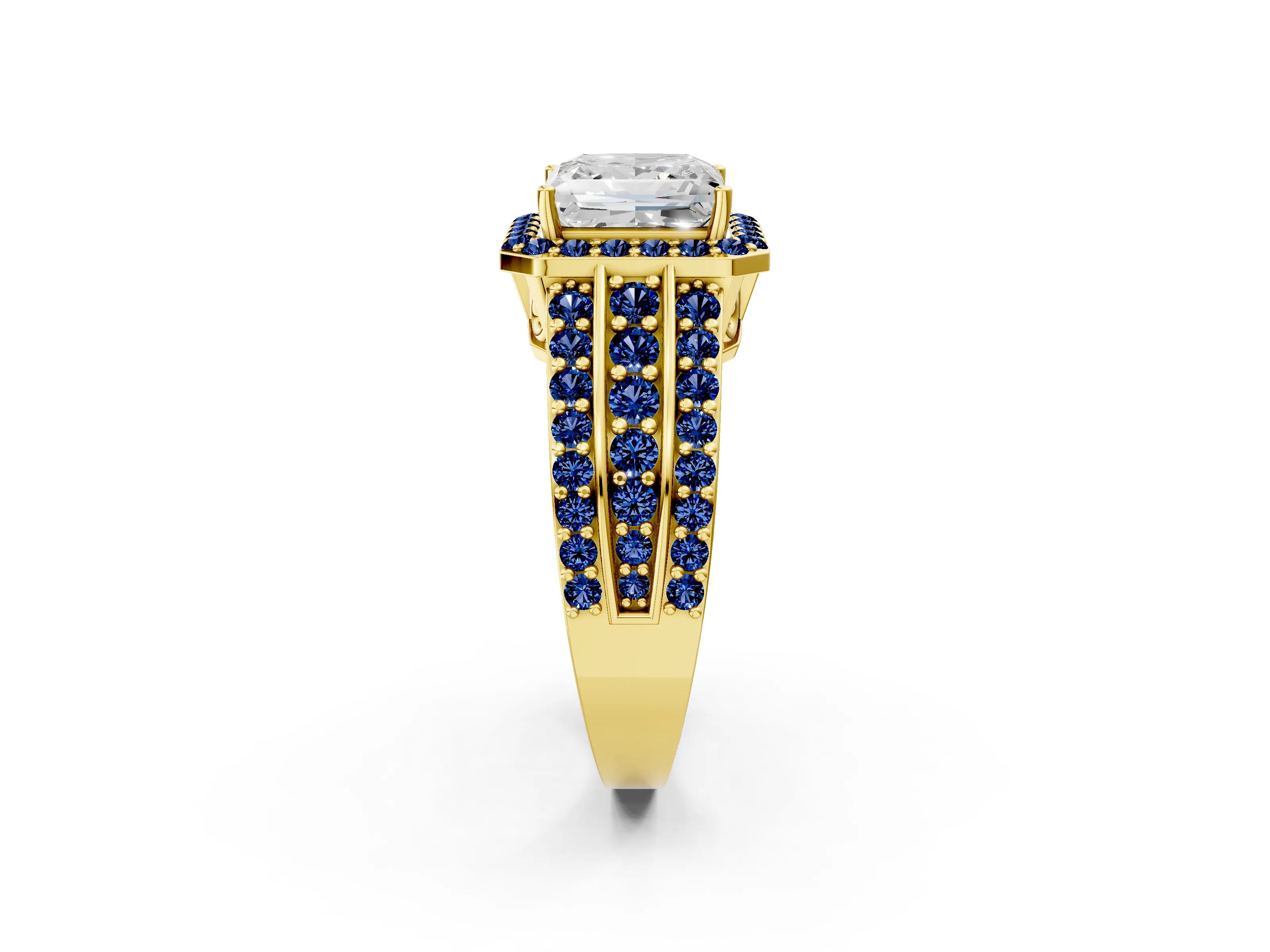 Yellow gold Princess Cut Halo Diamond Ring with Round with Blue Sapphire side stone Split Shank and Prong Setting_2