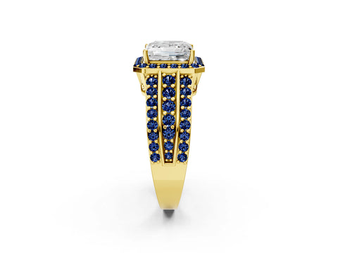 Yellow gold Princess Cut Halo Diamond Ring with Round with Blue Sapphire side stone Split Shank and Prong Setting_2