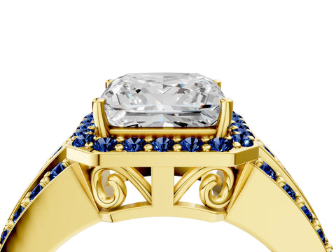 Yellow gold Princess Cut Halo Diamond Ring with Round with Blue Sapphire side stone Split Shank and Prong Setting_4