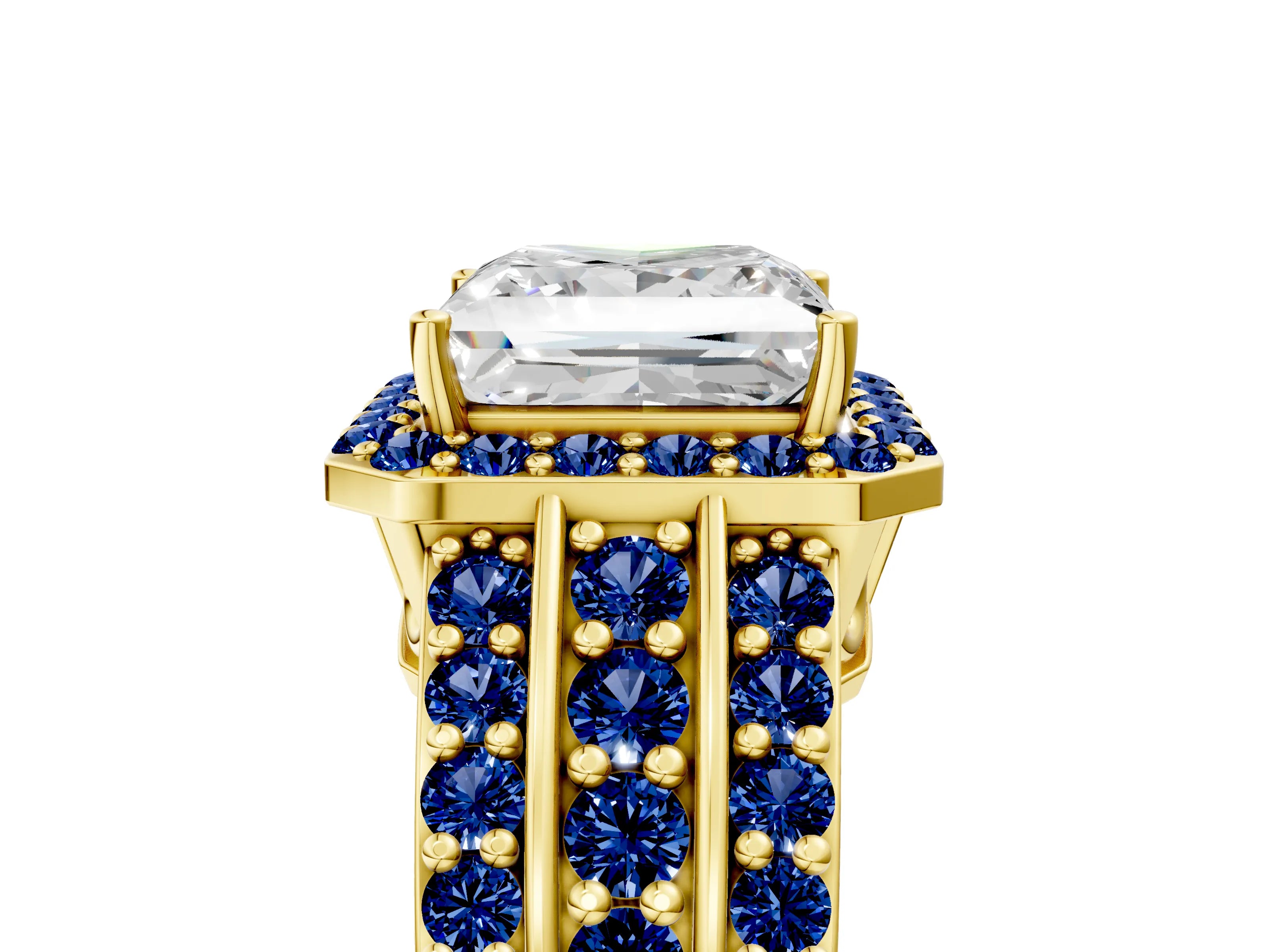 Yellow gold Princess Cut Halo Diamond Ring with Round with Blue Sapphire side stone Split Shank and Prong Setting_5