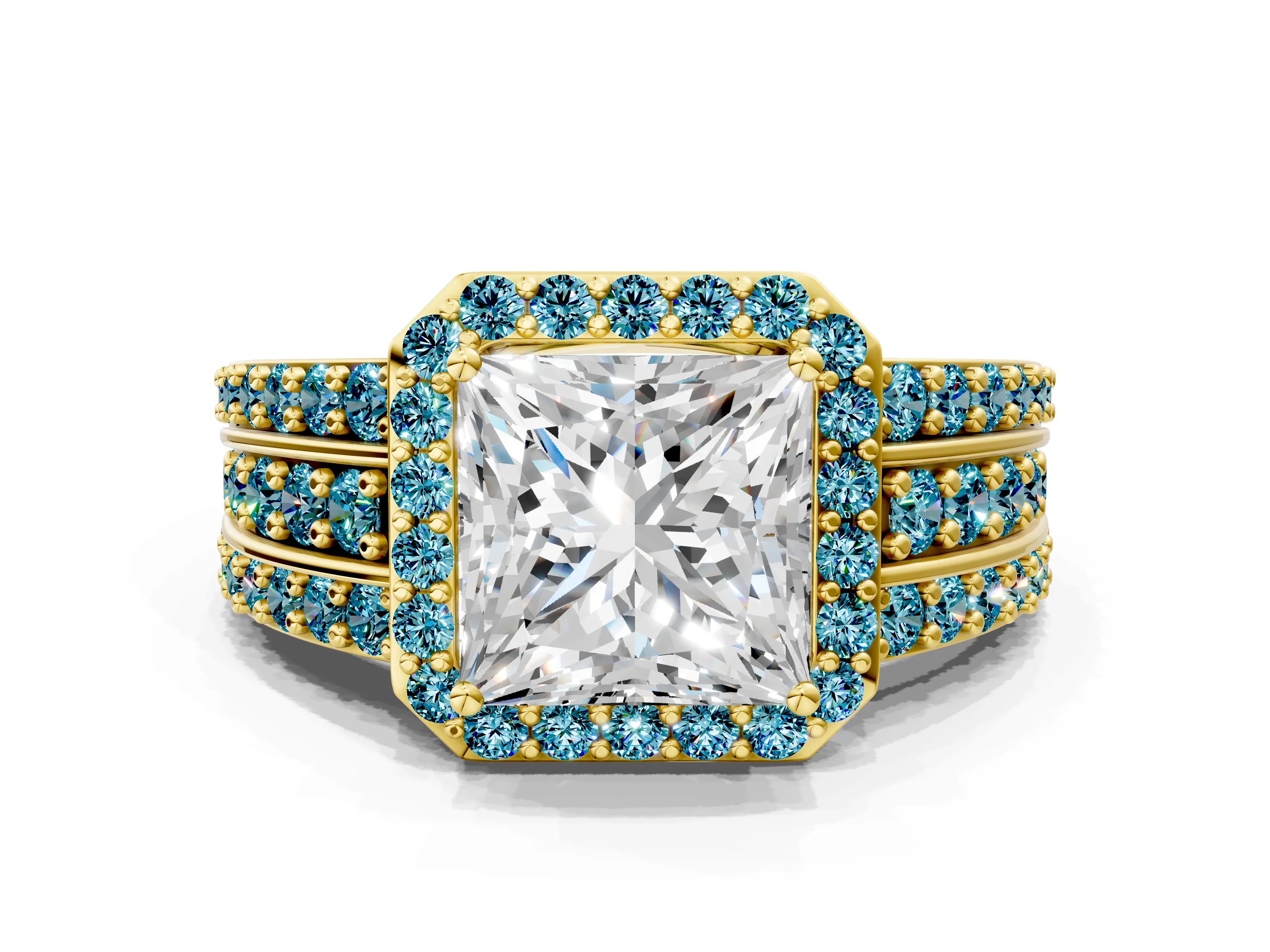 Yellow gold Princess Cut Halo Diamond Ring with Round with Blue Topaz side stone Split Shank and Prong Setting