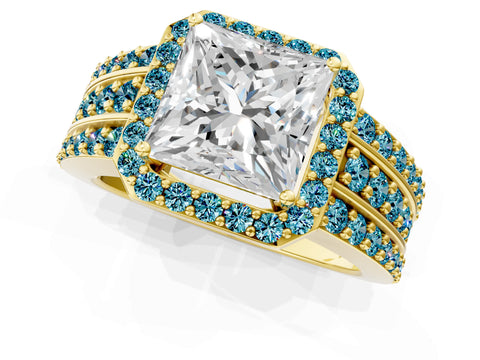 Yellow gold Princess Cut Halo Diamond Ring with Round with Blue Topaz side stone Split Shank and Prong Setting_1