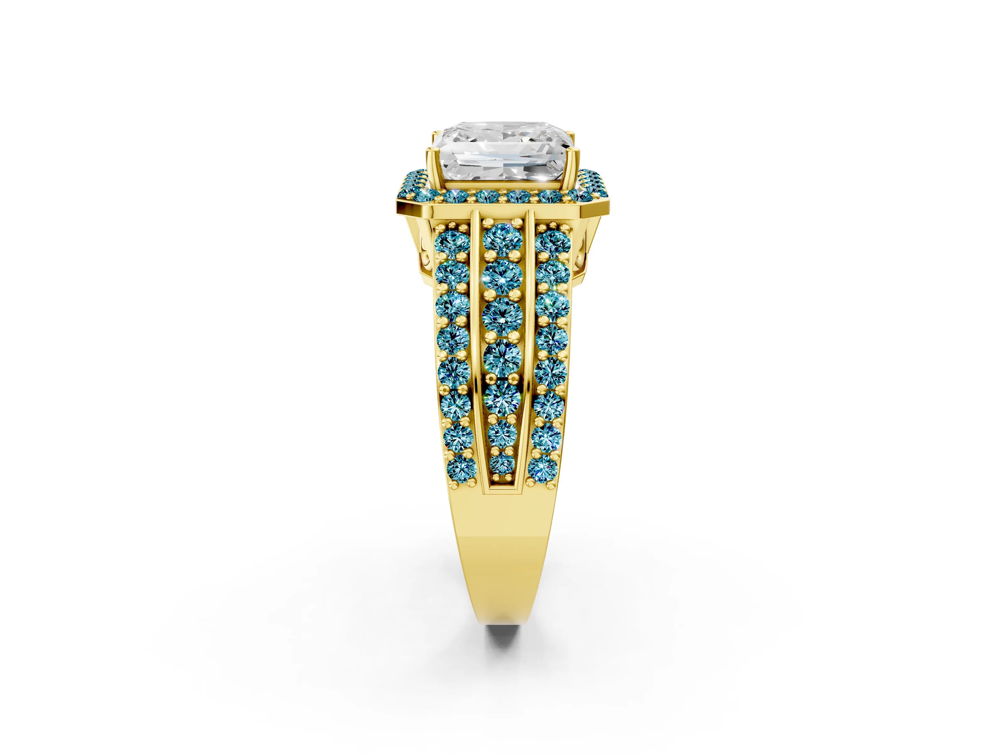 Yellow gold Princess Cut Halo Diamond Ring with Round with Blue Topaz side stone Split Shank and Prong Setting_2