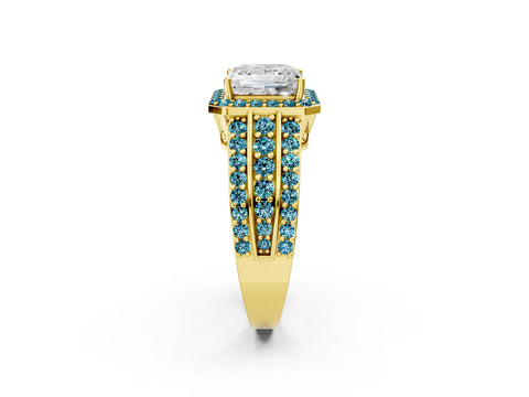 Yellow gold Princess Cut Halo Diamond Ring with Round with Blue Topaz side stone Split Shank and Prong Setting_2