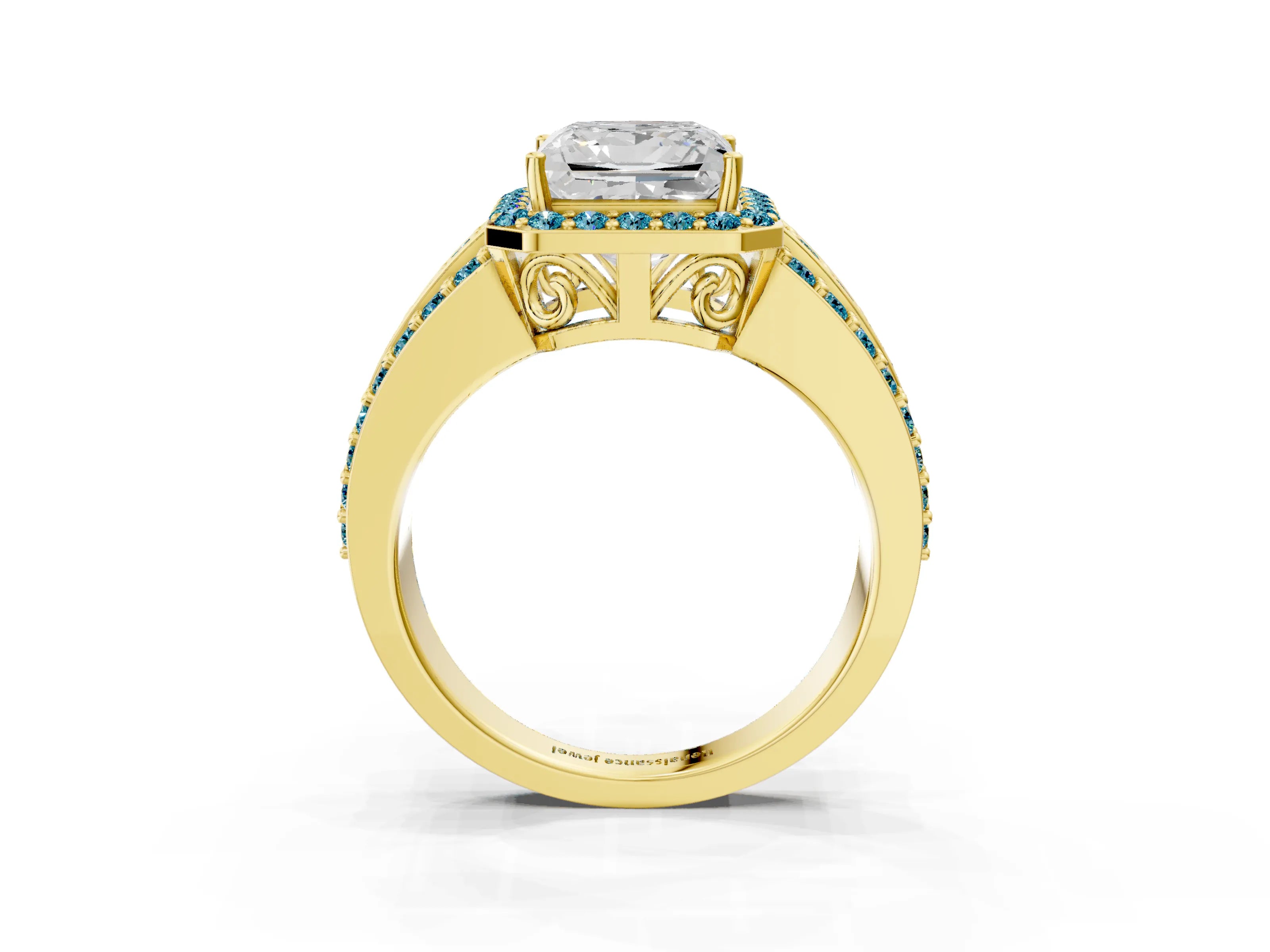 Yellow gold Princess Cut Halo Diamond Ring with Round with Blue Topaz side stone Split Shank and Prong Setting_3