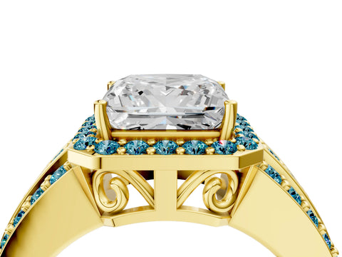 Yellow gold Princess Cut Halo Diamond Ring with Round with Blue Topaz side stone Split Shank and Prong Setting_4