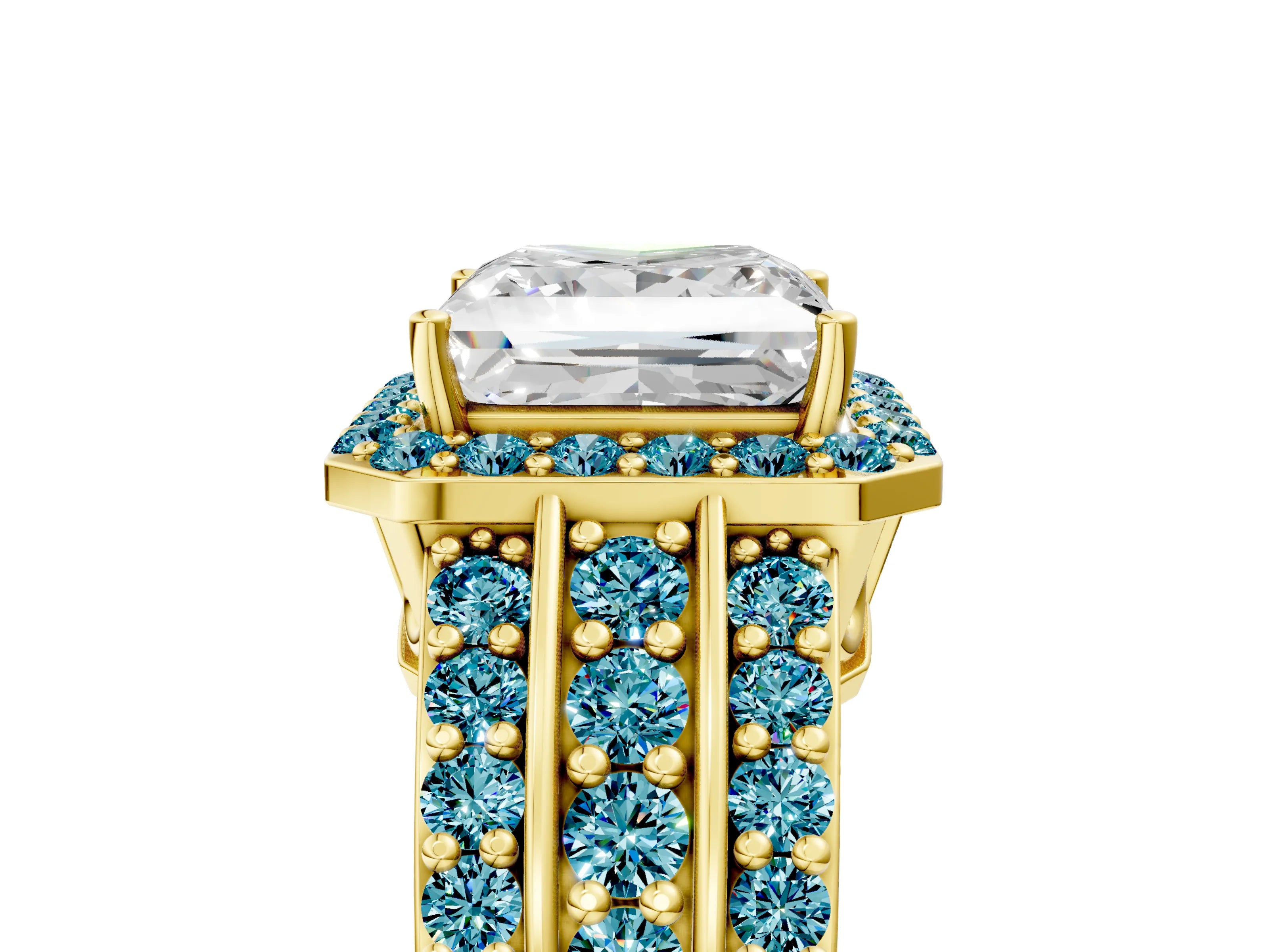 Yellow gold Princess Cut Halo Diamond Ring with Round with Blue Topaz side stone Split Shank and Prong Setting_5