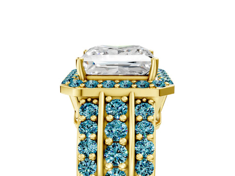 Yellow gold Princess Cut Halo Diamond Ring with Round with Blue Topaz side stone Split Shank and Prong Setting_5