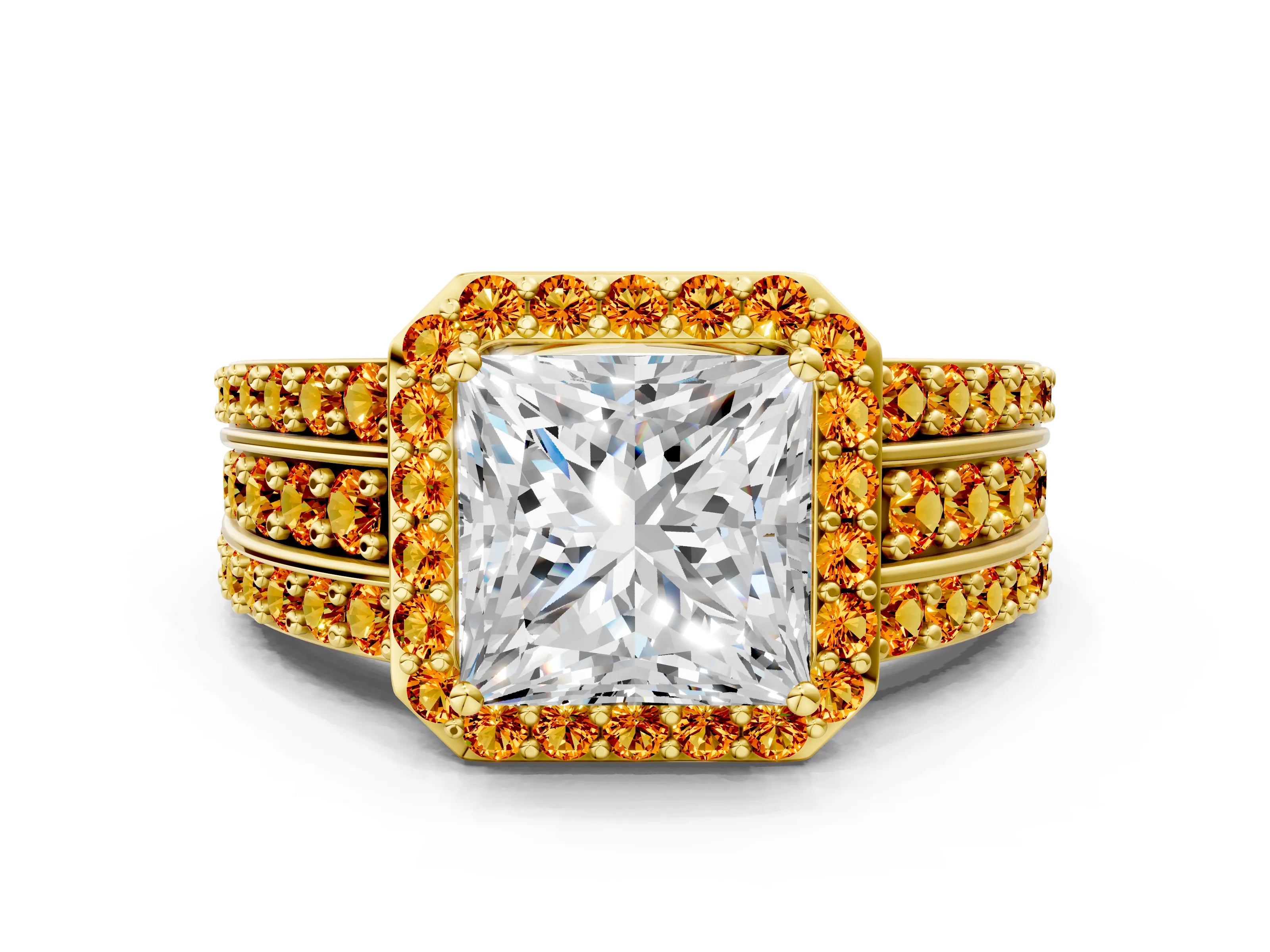 Yellow gold Princess Cut Halo Diamond Ring with Round with Citrine side stone Split Shank and Prong Setting