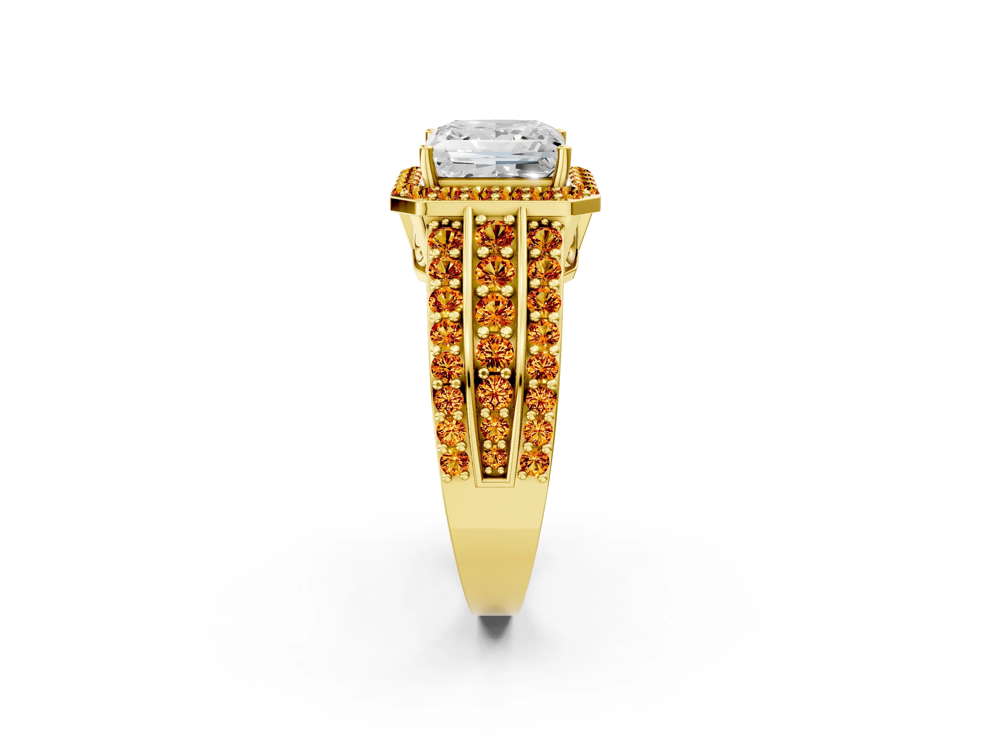 Yellow gold Princess Cut Halo Diamond Ring with Round with Citrine side stone Split Shank and Prong Setting_2