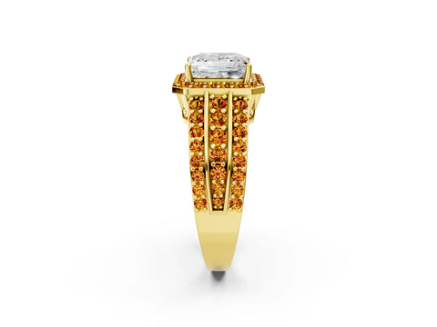 Yellow gold Princess Cut Halo Diamond Ring with Round with Citrine side stone Split Shank and Prong Setting_2