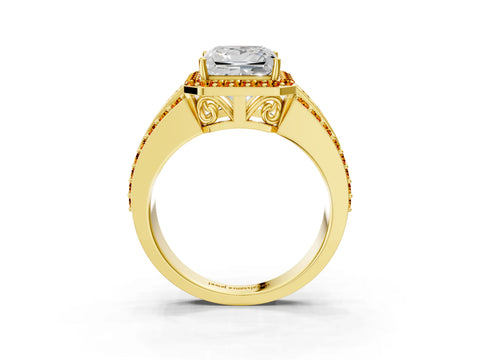 Yellow gold Princess Cut Halo Diamond Ring with Round with Citrine side stone Split Shank and Prong Setting_3