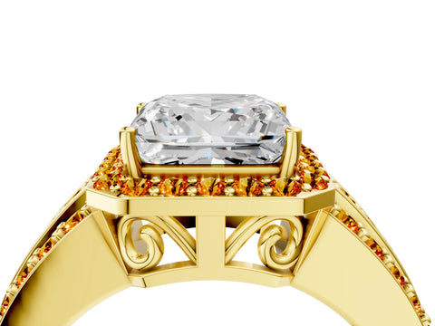 Yellow gold Princess Cut Halo Diamond Ring with Round with Citrine side stone Split Shank and Prong Setting_4