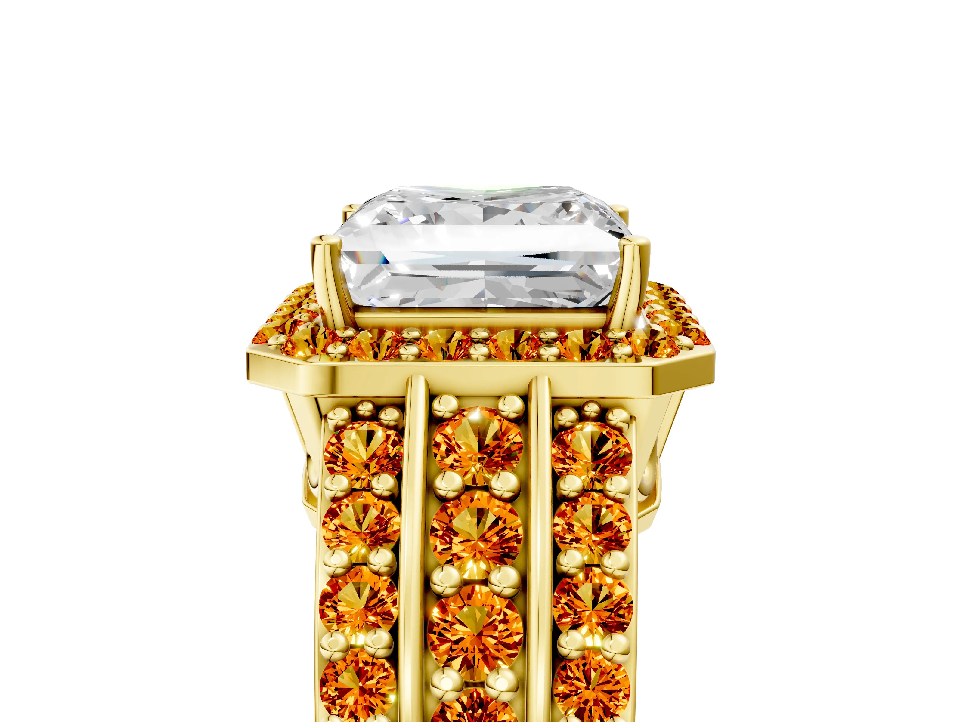 Yellow gold Princess Cut Halo Diamond Ring with Round with Citrine side stone Split Shank and Prong Setting_5